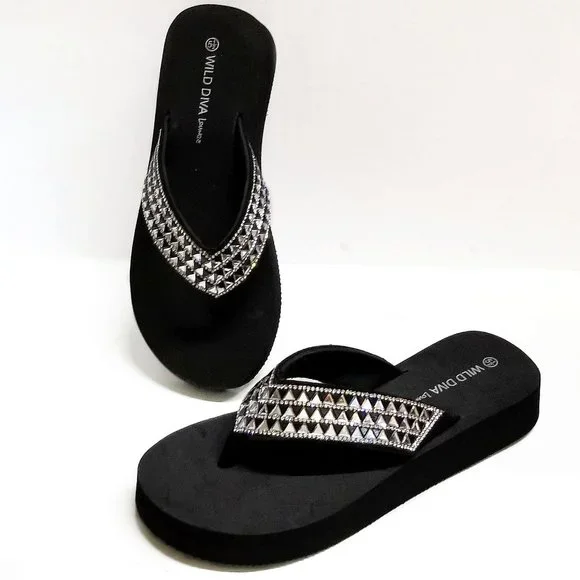 Shoes New Black Rhinestone Foam Flip Flop Platform Wedge Sandals